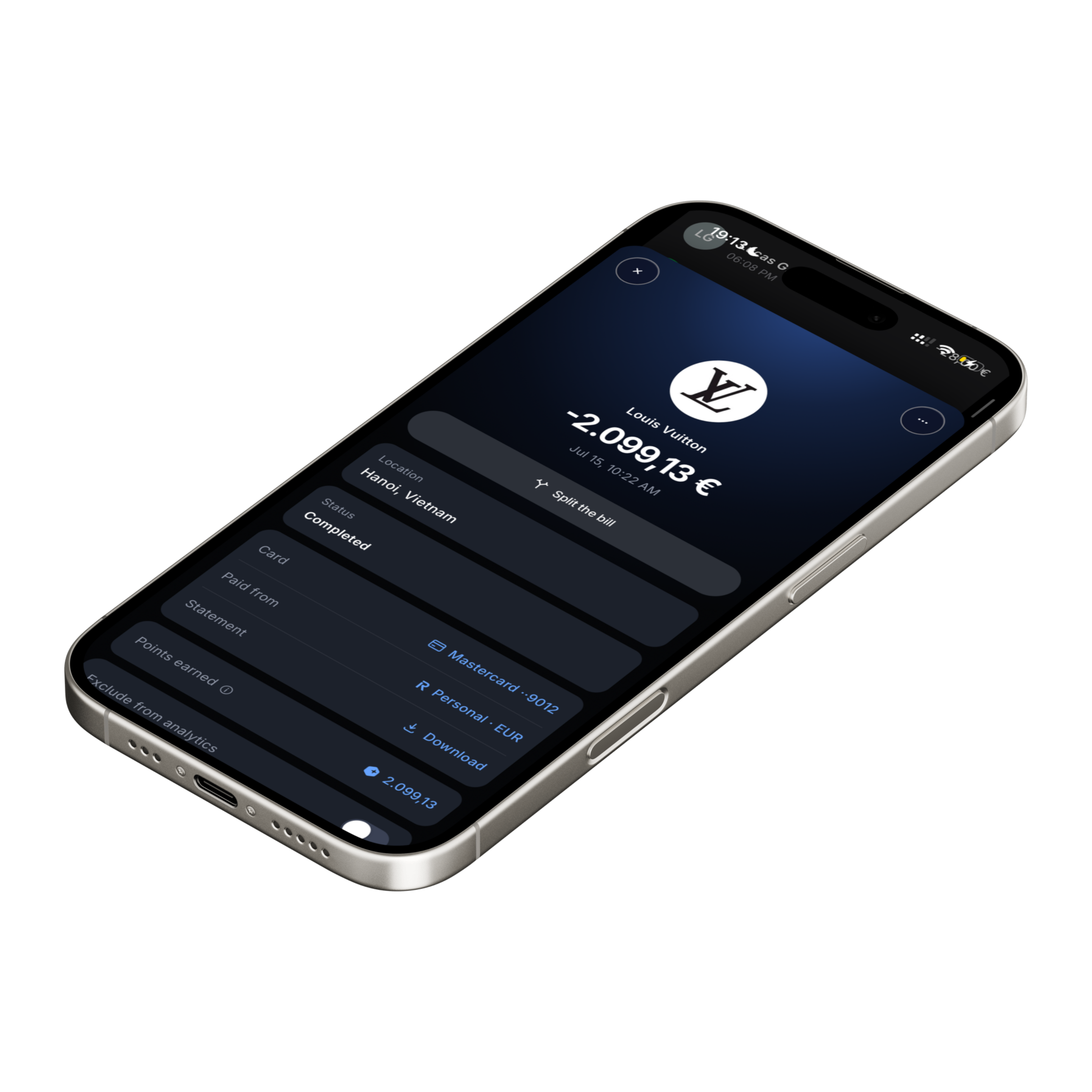 Phone mockup showing a Louis Vuitton purchase of 2,099.13 euros in LARPZ