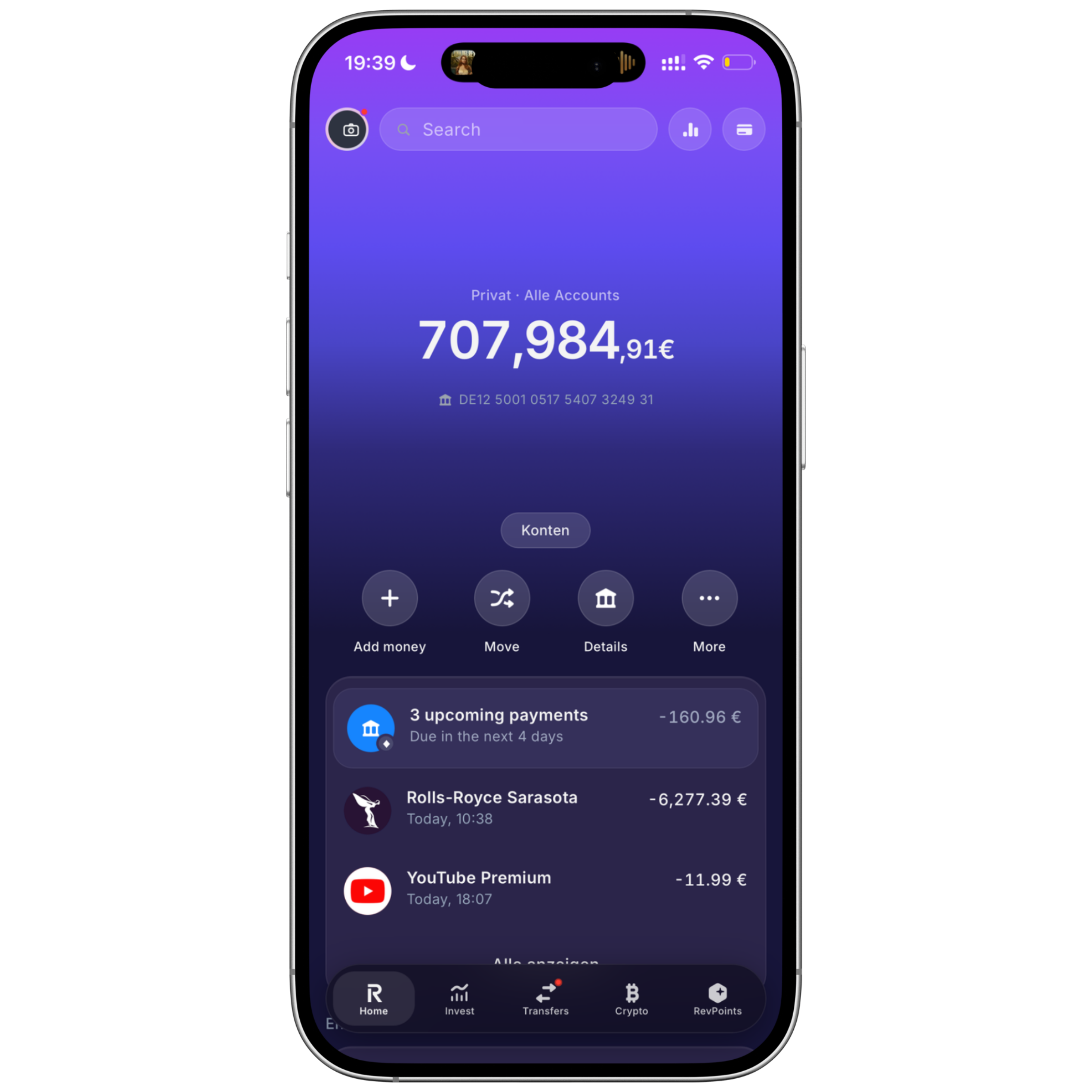 LARPZ home screen with 707,984.91 euro balance and Rolls-Royce and YouTube transactions