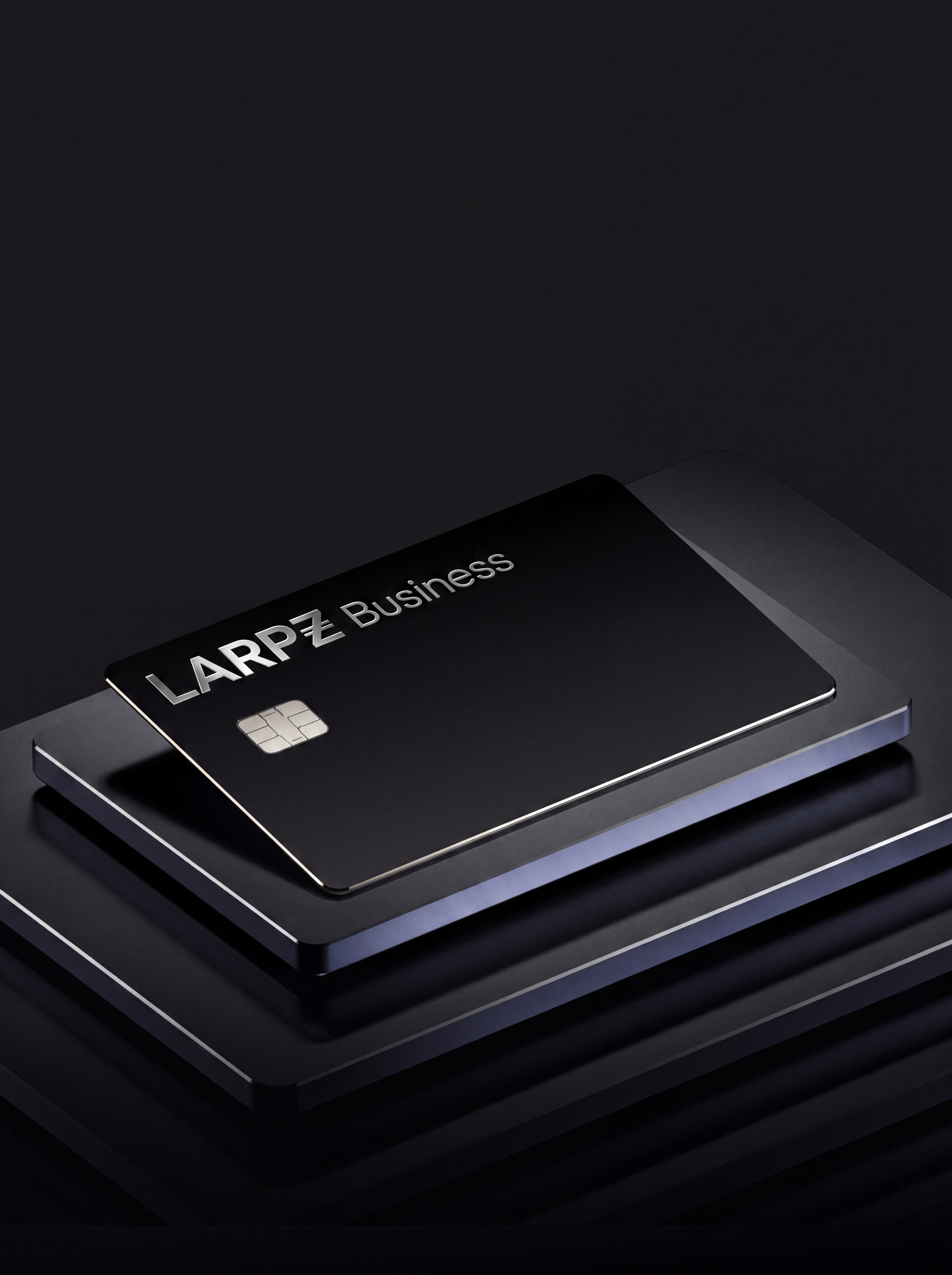 Black LARPZ Business metal payment card on a dark pedestal