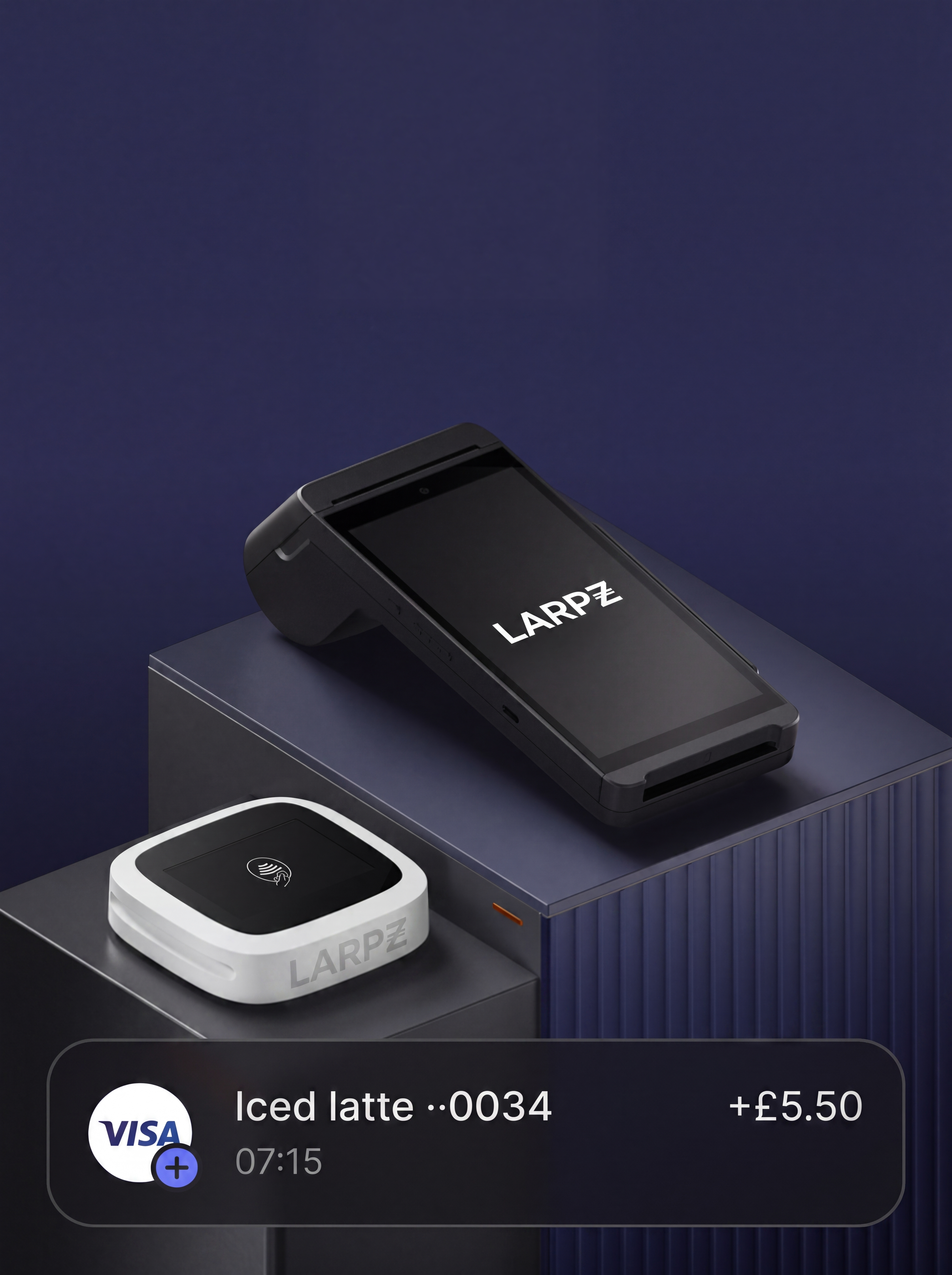 LARPZ handheld POS terminal and contactless card reader with a Visa iced latte payment of 5.50 pounds