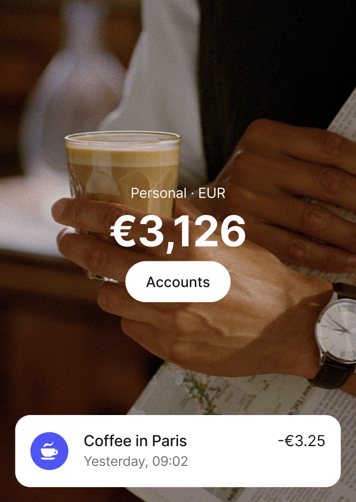 LARPZ overlay showing a 3,126 euro balance and a coffee in Paris transaction of 3.25 euros