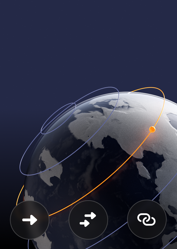 Stylized globe with orbital rings and transfer action icons
