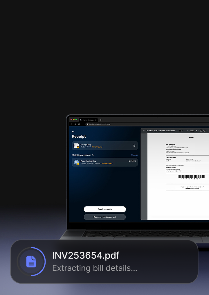 Laptop showing LARPZ receipt matching for a Pear Electronics expense of 2,470 pounds